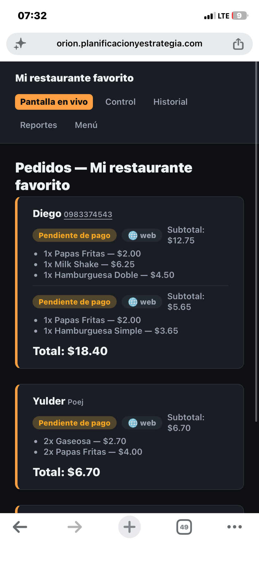 Pantalla real de ComandaClub para que el negocio revise pedidos, productos, valores y estados